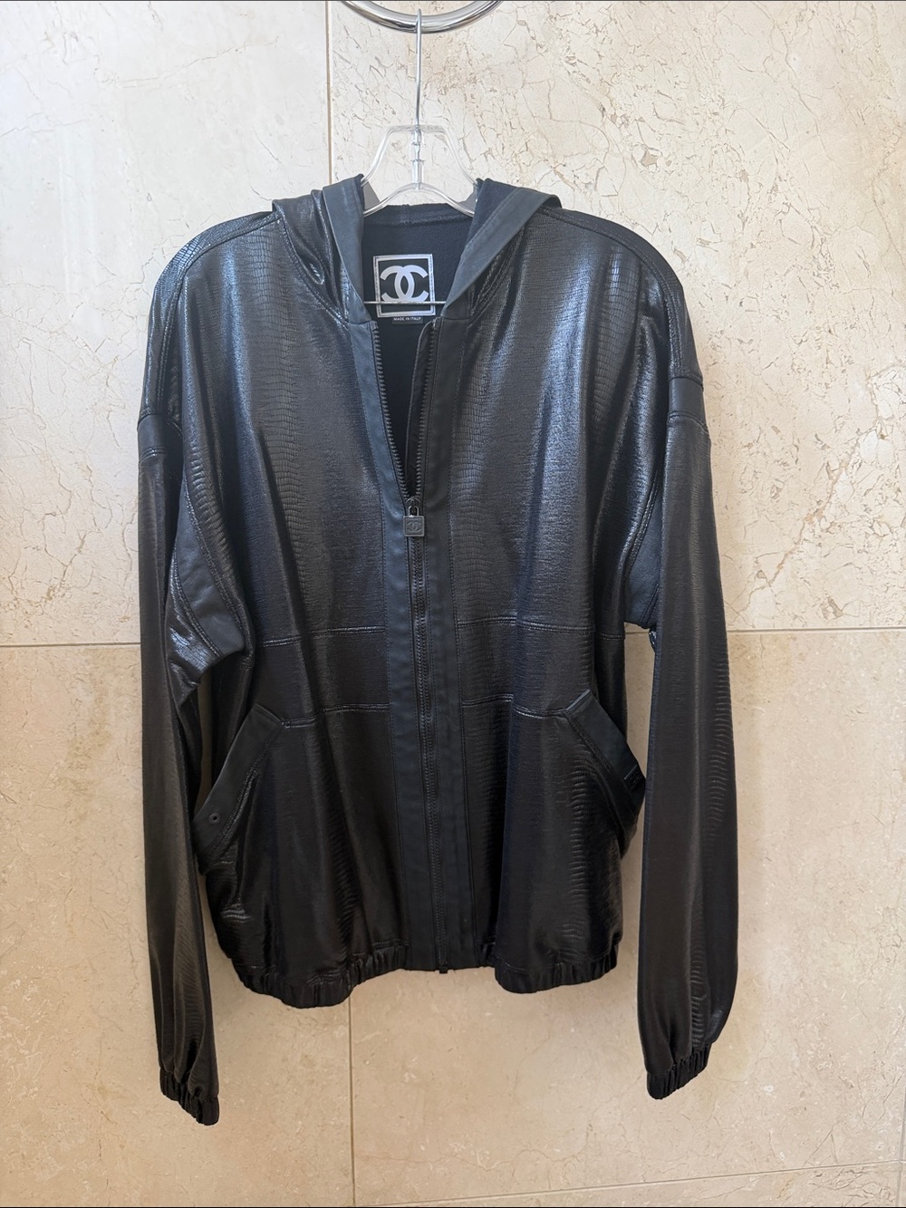CHANEL Black Hooded Leather Bomber Jacket